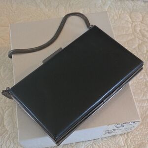 Oroton Black Leather Mini Bag With Gunmetal Chain